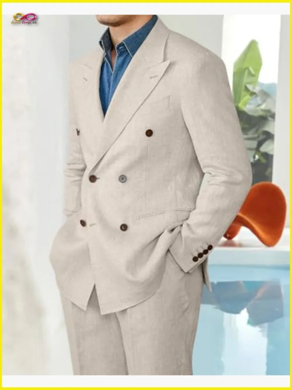 Linen Suit Slim Fit Double Breasted Blazer Pants Set Summer Wedding Tuxedo